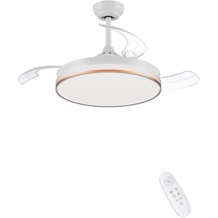 Lospitch Ventilateur de Plafond Éclairage LED 80W Télécommande, Plafonnier Moderne Dimmable (3000K-6500K), Silencieux Salon, Blanc (55CM