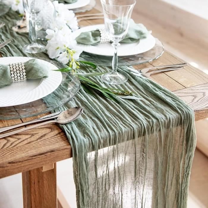 Chemin de table en gaze kaki - Décoration de table rustique bohème pour mariage et ferme Chemin de table en gaze kaki - Décoration de table rustique bohème pour mariage et ferme