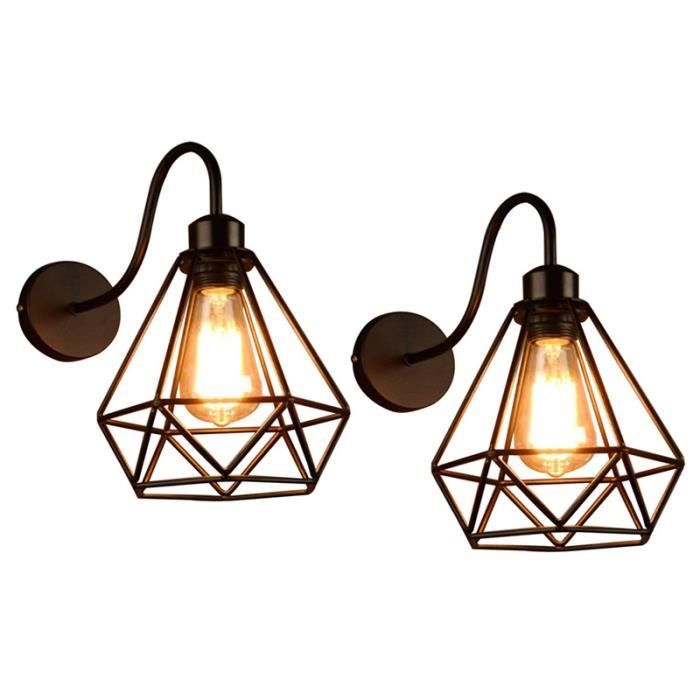 Lampe Applique Murale Forme de Diamant Fer Forgé Cadre Cage Métal Wall Light Rétro Industrielle Lampe Mur pour Chambre Balcon