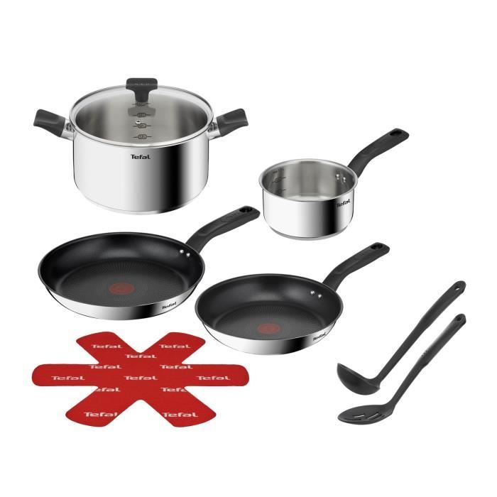 TEFAL B818S804 Delicious Batterie de cuisine inox 8 pièces Casserole, Faitout, 2 Poêles, Louche, Ecumoire, Feutrine protège-poêles