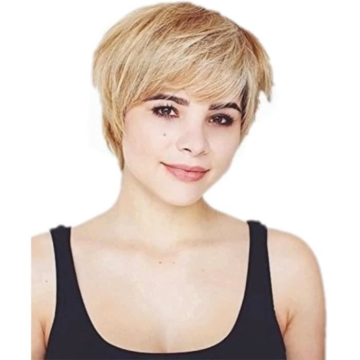 Perruque Synthétique Courte Blonde Avec Mèches Foncées - Bonnet Moyen +4 - Cheveux Lisses - Neuf