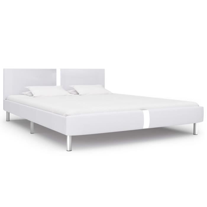 vidaXL Cadre de lit avec LED 160 x 200 cm Cuir synth/étique Blanc Lit Double Lit Adulte