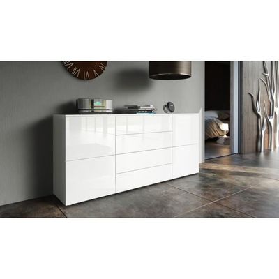 Buffet Sylt V2 Blanc Mat Et Brillant - 2 Portes, 4 Tiroirs, 166 Cm De Large - Meuble Salon Ou Salle à Manger Design Moderne