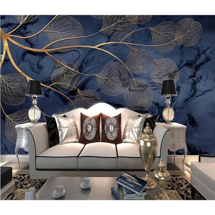 Papier Peint Panoramique 3D Feuilles D\Or Fond D\Art Bleu Branches ...