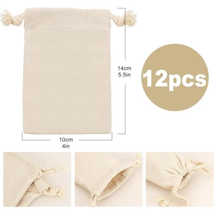 12Pcs Pochon Tissu Coton,Petite Pochette Tissu avec Cordon de Serrage,  Petit Sachet Tissu pour Ranger Cadeaux, Sac Tissu Cordon