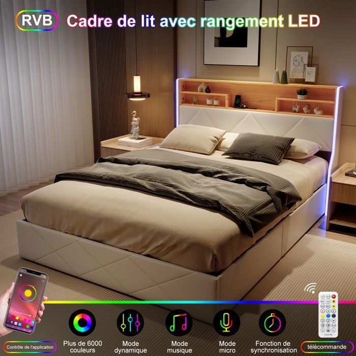 Lit Double 160x200 Avec Coffre Rangement Hydraulique Et LEDs RGB - Tête De Lit Capitonnée Lin - Sans Matelas (Gris)