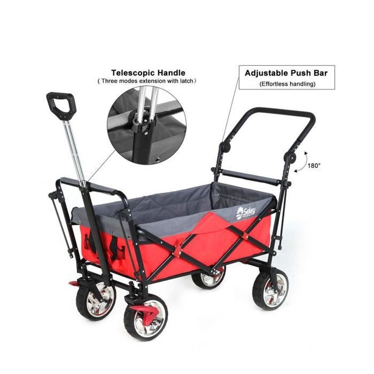 Sekey Chariot Pliant avec Toit et Sac de Queue Chariot de Transport avec Freins Chariot de Plage Chariot de Jardin Pliable pour Tous Les terrains Noir 