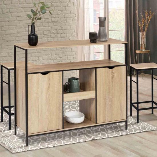 Meuble De Bar Industriel Detroit 113x40x94 Cm - Bois Et Métal - 2 Portes, Étagères - Style Rétro