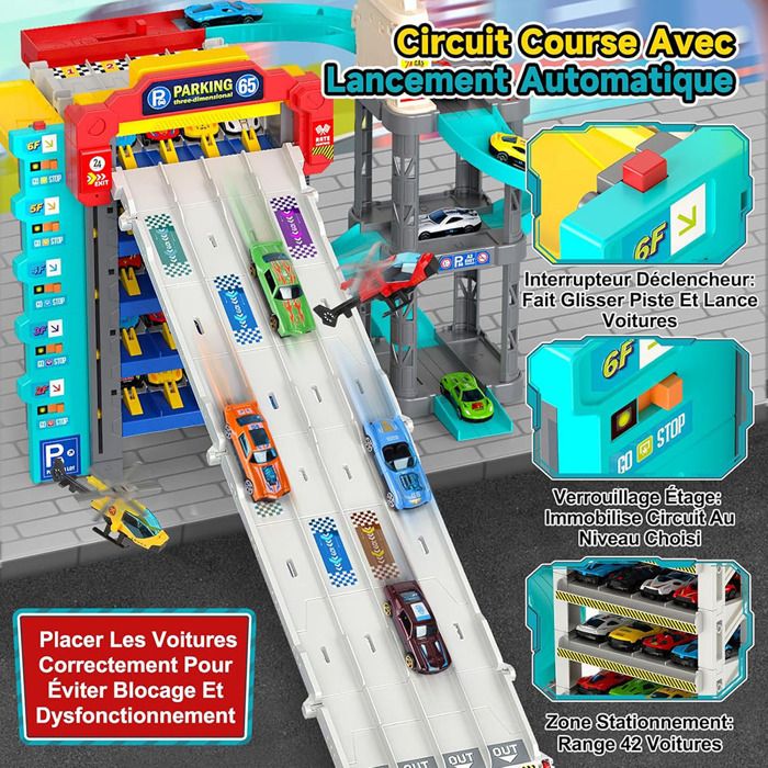 Charmofun Circuit Voiture 5 Étages Garage Avec 12 Voitures Alliage Et 2 Hélicoptères – Station-Service Interactive – Cadeau Enfant 3+