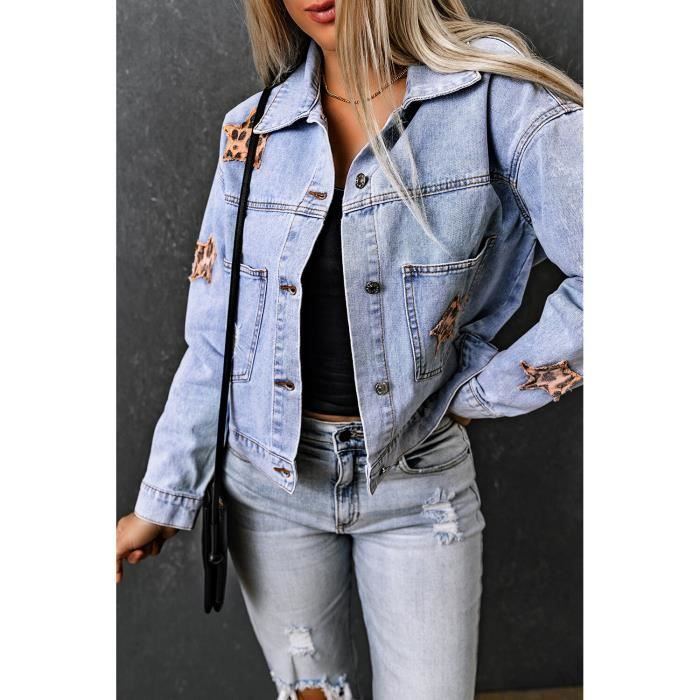 OOTDAY Blouson Veste en Jean Bi matiere Femme LC788120 1022 Bleu ciel Cdiscount Pret a Porter