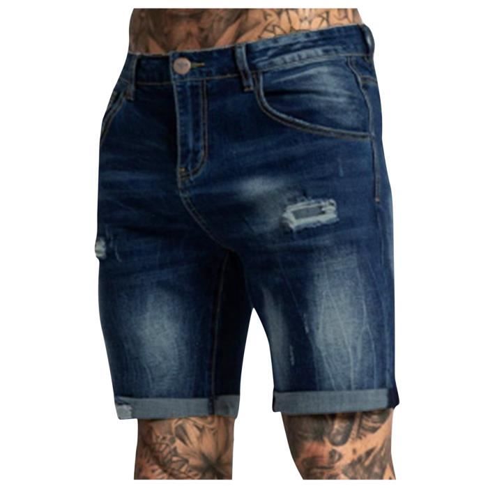 Short Jean Decontracte a Fermeture Eclair pour Homme Short Serre Pantalon Delave Dechire Denim Effiloche BK C7862237 Blanc Cdiscount Pret a Porter