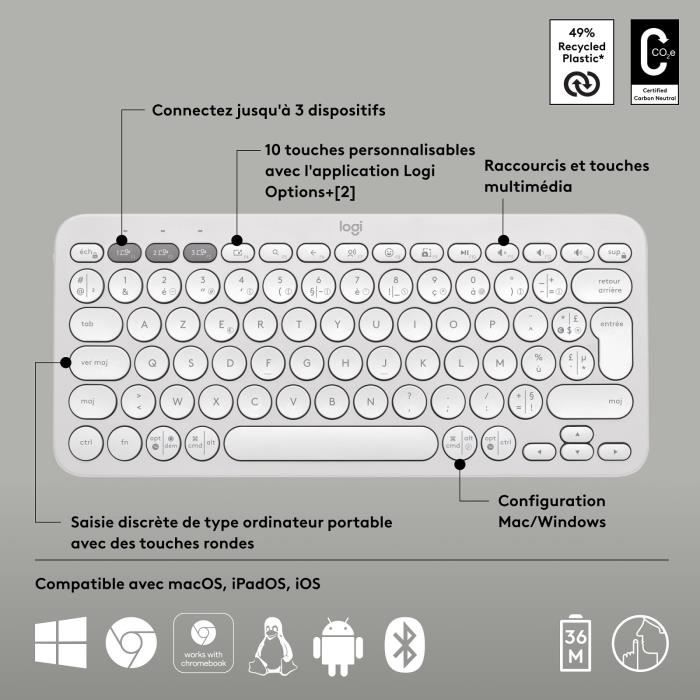 Logitech - Clavier sans fil Bluetooth Azerty Logitech Pebble Keys 2 K380s  Blanc - Clavier - Rue du Commerce