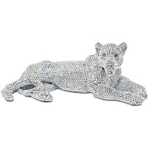 STATUE - STATUETTE Leopard Felin Strass Neuf Statue 32cm Argente En Polyrésine Brillante Decoration
