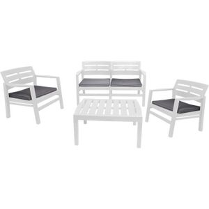 Salon bas de jardin Dmora Salon extérieur avec 2 fauteuils 1 canapé 1 table basse avec coussins, Made in Italy, couleur blanche