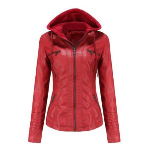 Veste Femme Simili Cuir Rouge - Longue Style Moto - Mi-saison - Taille Ajustable - Grande Taille Disponible - 9