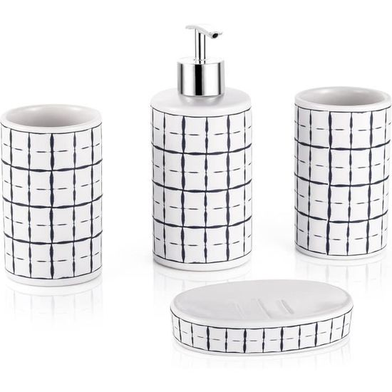 Ensemble Salle De Bain 4 Pièces Sapisecret - Distributeur Savon, Gobelet, Porte-brosse, Porte-savon - Design Rayures Beige
