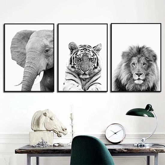 Affiche Impression Peinture Animaux Lion Zèbre Éléphant Toile Tableaux Noir  Et Blanc Mur Art Salon Chambre,Sans Cadre (3X40X60CM) - Cdiscount Maison