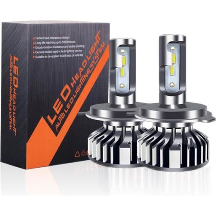 2 Ampoules,Ampoule H4 LED,10000LM Phares pour Voiture et Moto,Ampoules Auto de Rechange pour Lampes Halogènes et Kit Xenon,12V 6000K