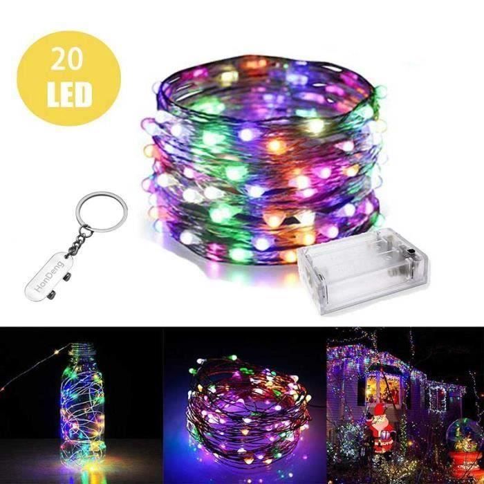 Guirlandes Lumineuses Pile LED 2M 20 leds, fil de cuivre imperméable, pour Mariage, Jardin, Noël (multicolore).