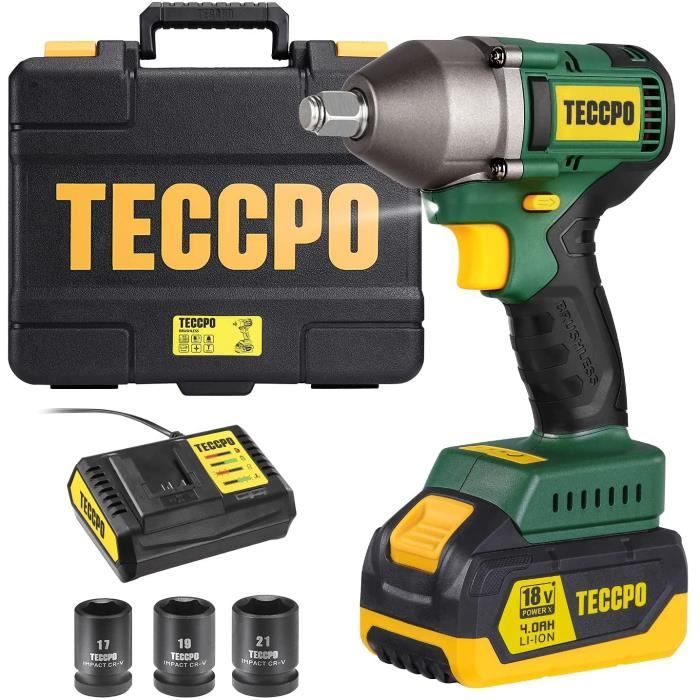 TECCPO Clé à Choc Sans Fil Brushless 4.0Ah Batterie, 3 Réglages de Vitesse, 3 Douilles 17/19/21mm, 350Nm, 20V - BHD850B