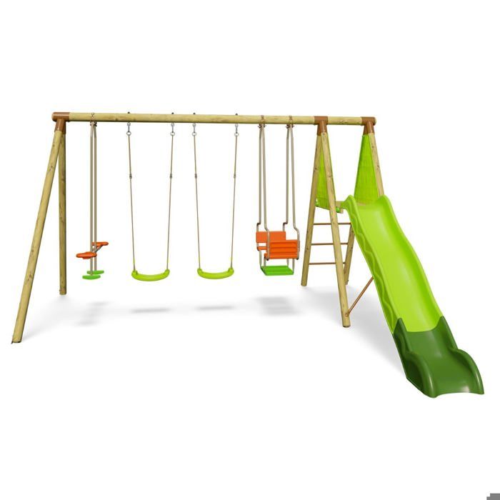 Portique en bois TALVI Trigano 2,30 m. + toboggan 7 enfants