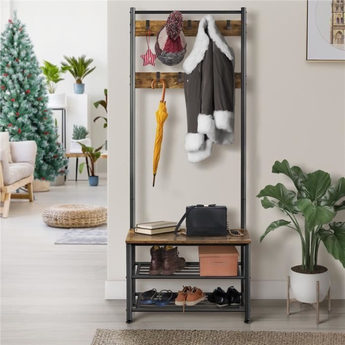 Yaheetech Portemanteau avec Banc Meuble d'Entrée Vestiaire à 3 Niveaux Étagère à Chaussures avec Crochets Mobiles Industriel Brun