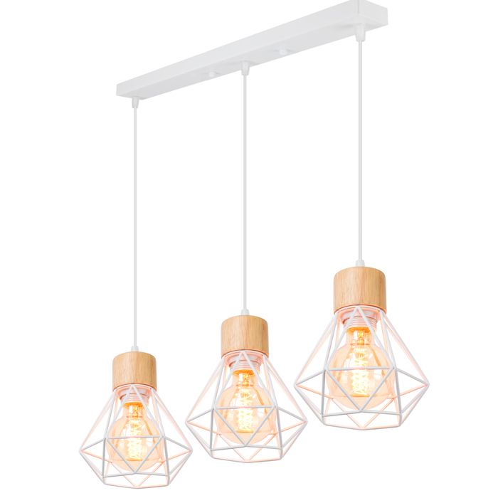 SNOGOLD Lustre Industriel Vintage 3 Lumière Suspension en Bois et Métal E27 Lampe Cage Diamant Rétro pour Salon Chambre Blanc