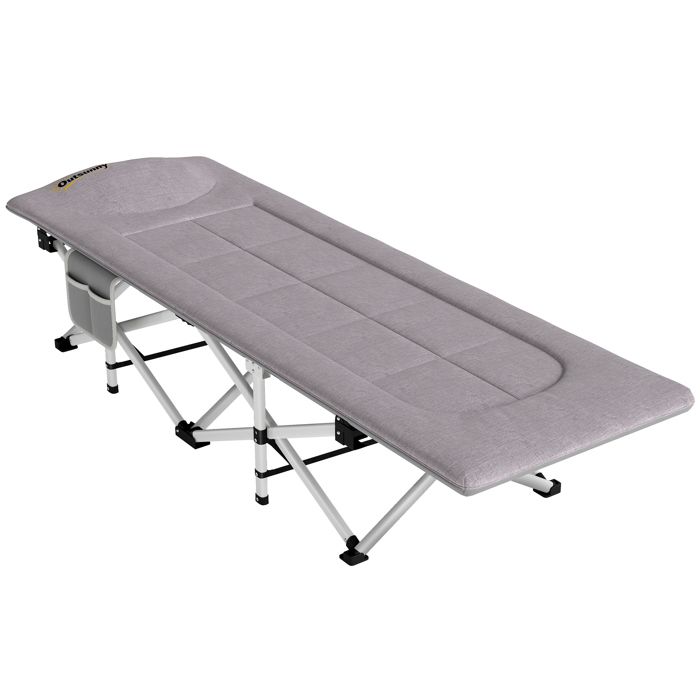 Lit de camping Outsunny pliable avec matelas transat chaise longue sac de rangement intégrée dim. 185L x 65l x 37H cm gris