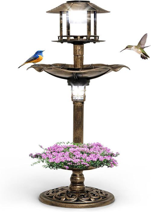 Meilleurs prix pour GOPLUS Bain d'oiseaux sur Pied, Mangeoire Oiseaux Extérieur avec 2 Lampes Solaire, Abreuvoir Oiseaux D43x110cm, Bronze