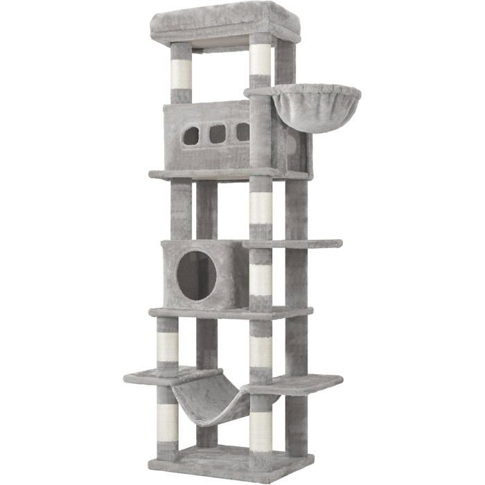 170 cm Grand Arbre à Chat avec Grand Perchoir Tapis Lavable 2 Niches Chats 8 Griffoirs Hamac Pompons Gris Clair