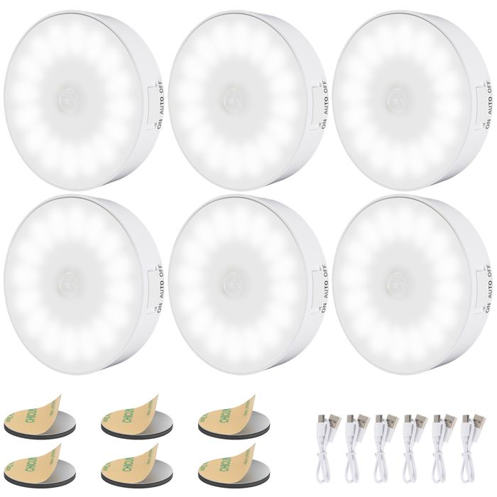 6 Pièce 14 LEDs Veilleuse à Induction Veilleuse Détecteur de Mouvement Rechargeable par USB pour Armoires Chambres Escaliers