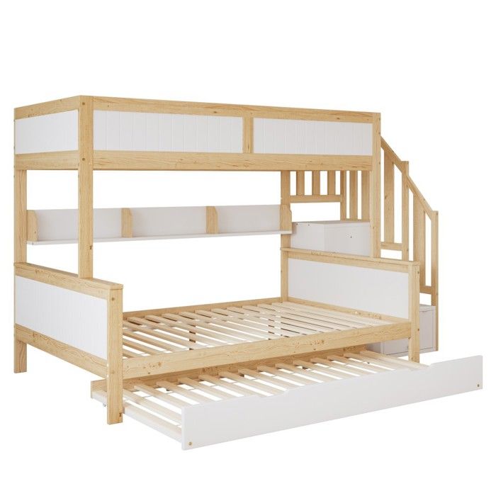 Superposé 3 Lits Bébé Protection Grille Pliable Armoire Escalier Dangle Pin+MDF Blanc+nature 90x200 90x190 120x200 Sans Matelas