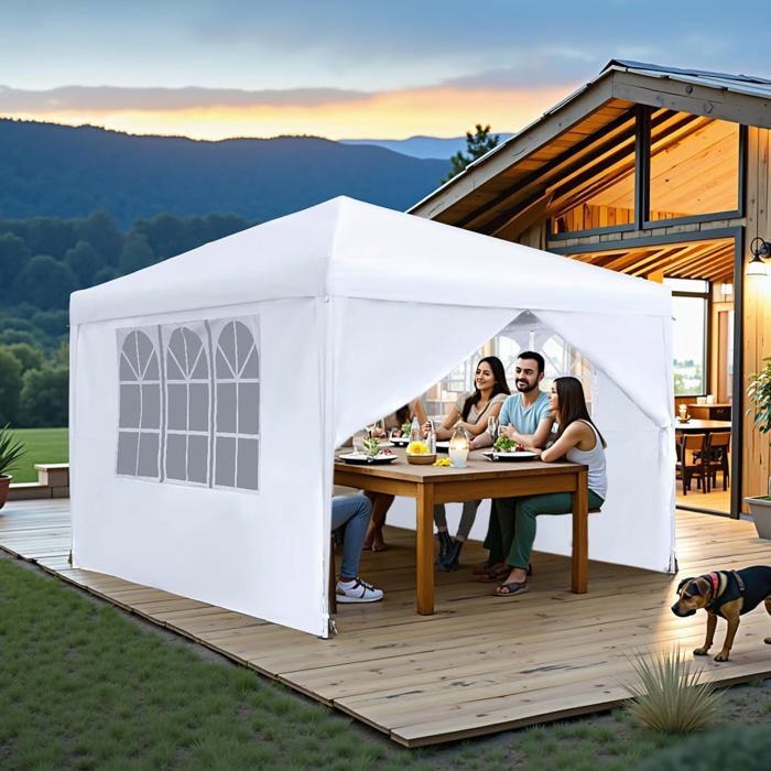 Tonnelle De Jardin 4x6m - Toit Imperméable Et Résistant UV - Panneaux Latéraux Avec Fenêtre - Cadre Acier 37mm
