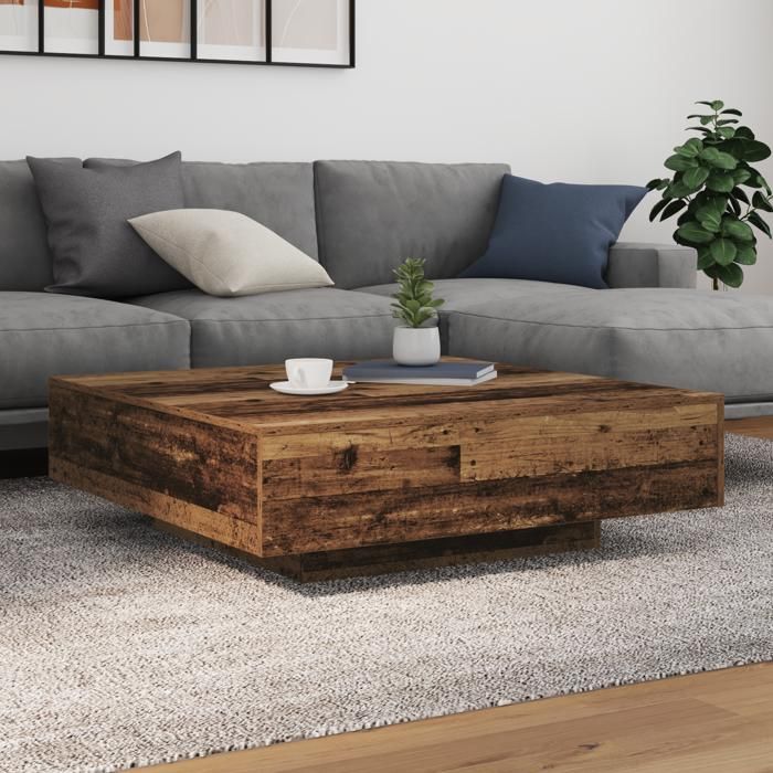 Moderne Table basse Table de salon avec éclairage LED en vieux bois 100x100x31 cm FR(59000705)