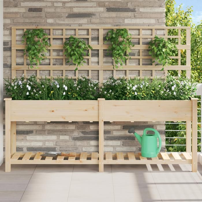 FR Jardinière/Lit Surélevé de Jardin - UU - avec treillis - et étagère 203x53x152 cm en bois massif de sapin LV255