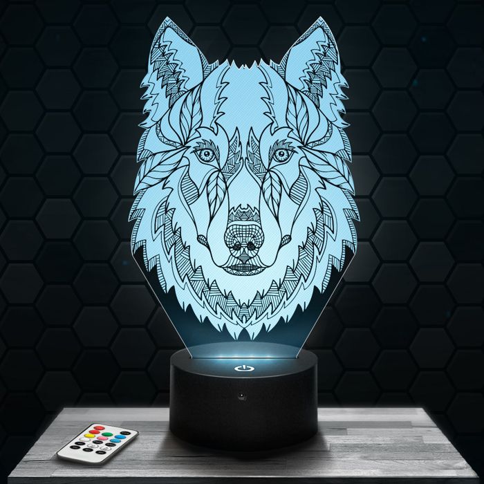 Lampe 3D - Loup Mandala - Jouet Figurine Cadeau Loup Mandala - Veilleuse Led Tactile avec socle au choix et télécommande