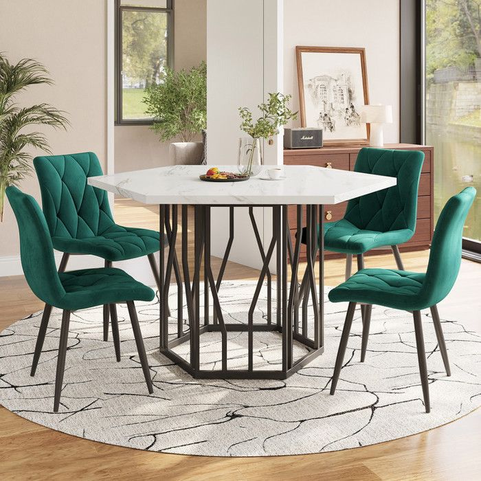 Ensemble table et chaises 5 pièces - table à manger hexagonale moderne en marbre + 4 chaises de salle à manger en velours vert