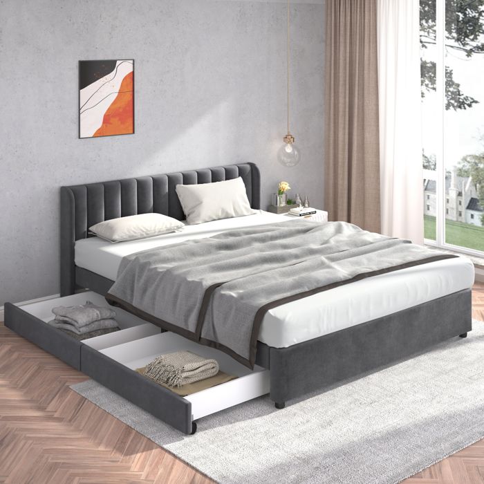 Lit capitonné 180 x 200 cm avec 2 tiroirs de rangement lit double en velours avec tête de lit confortable et sommier inclus gris Lit capitonné 180 x 200 cm avec 2 tiroirs de rangement lit double en velours avec tête de lit confortable et sommier inclus gris