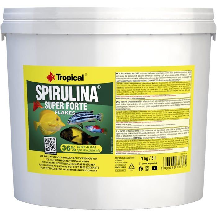 Nourriture pour Poissons - TROPICAL - SUPER SPIRULINA FORTE - 36% Spiruline - Flocons - 5L