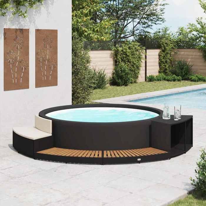 Cadre de spa en résine tressée - vidaXL - Noir - Bois dacacia - 289x124x56 cm - Mini canapé inclus
