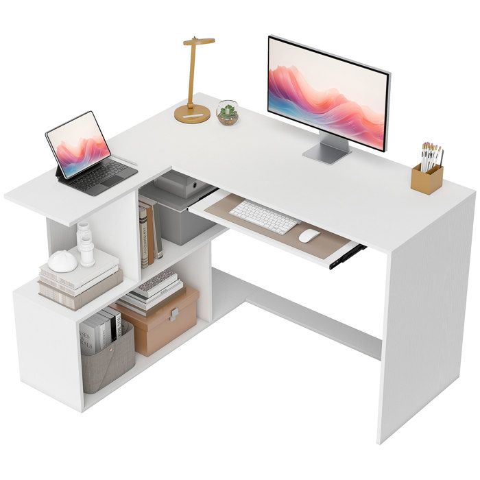 Bureau dangle en L - HOMCOM - avec étagères de rangement plateau à clavier coulissant - 120x100x76cm - blanc
