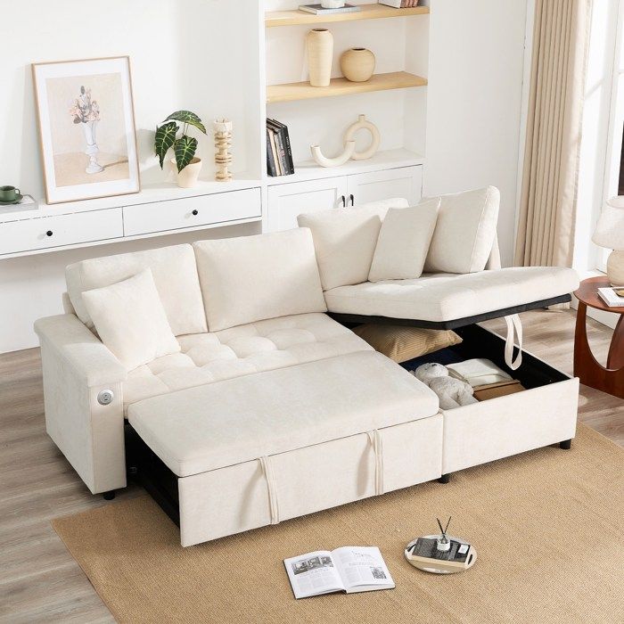 Canapé dangle moderne en forme de L lit gigogne espace de rangement chargeur USB rangement dans les accoudoirs 2 coussins Beige