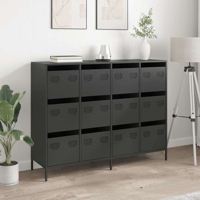 Buffet en acier laminé - vidaXL - Noir - 135x39x1035 cm - 12 tiroirs - Assemblage requis - Facile à entretenir