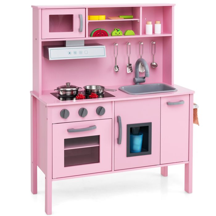 GIANTEX Cuisine Enfants en Bois 3 à 6 ans Micro-Ondes Hotte Four Évier Sons Set de Jouets de Cuisine 72 x 30 x 90 cm Rose
