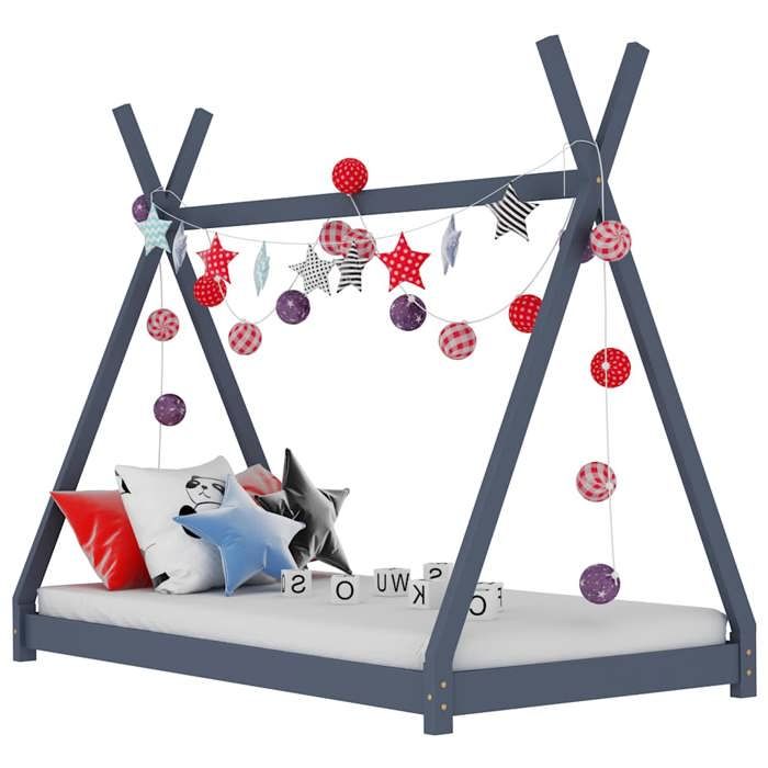Cadre de lit enfant en bois de pin - Happiness - 70x140 cm - Gris - Bois massif - Montage simple