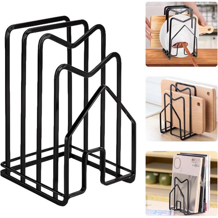 Support Rangement Planches à Découper et Couvercles Noir - Organisateur Mince pour Plans de Travail Placard Cuisine Bureau
