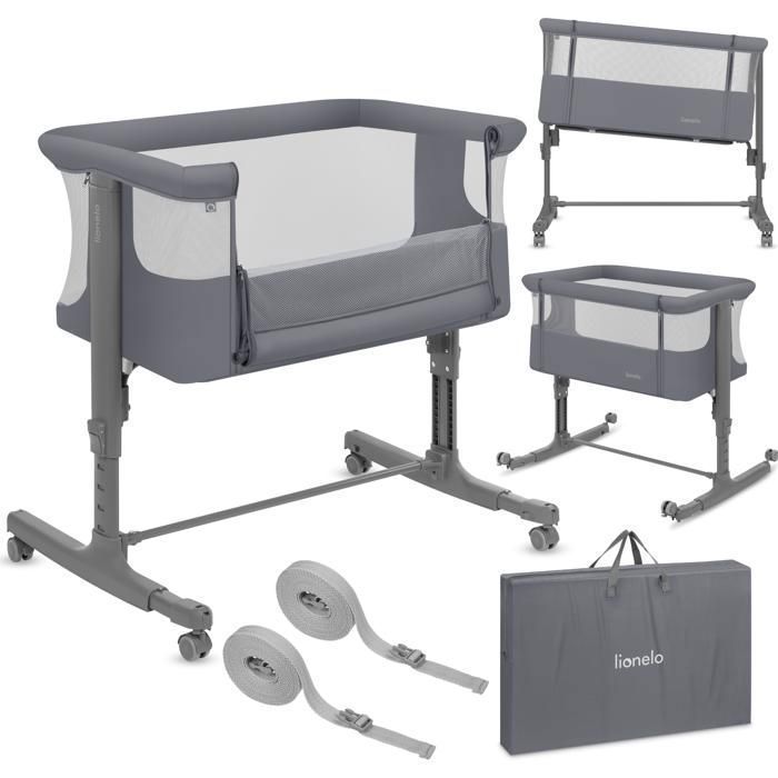 Lit bébé cododo 3en1 LIONELO Aurora - Réglable en hauteur et inclinaison - Matelas et sac inclus - Gris