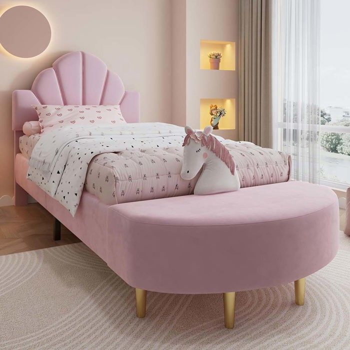 Lit simple - Lit rembourré - 90 x 200 cm - Velours rose - Avec banc