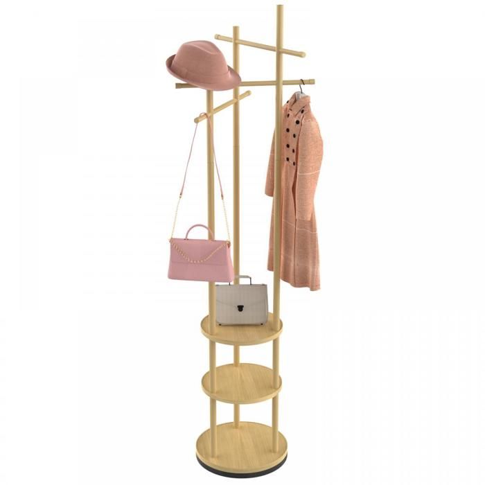 LVHCMFOHM Porte-manteau en Bois - Portant Rotatif avec 3 Étagères et 9 Crochets - 40x40x171 cm - Couleur bois