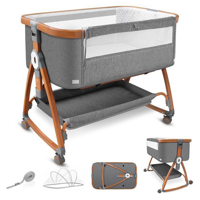 Lit Cododo 3-en-1 OHMG – Berceau Bébé Évolutif 6 Hauteurs Réglables, Inclinable, Roues Frein + Matelas Inclus (Gris)